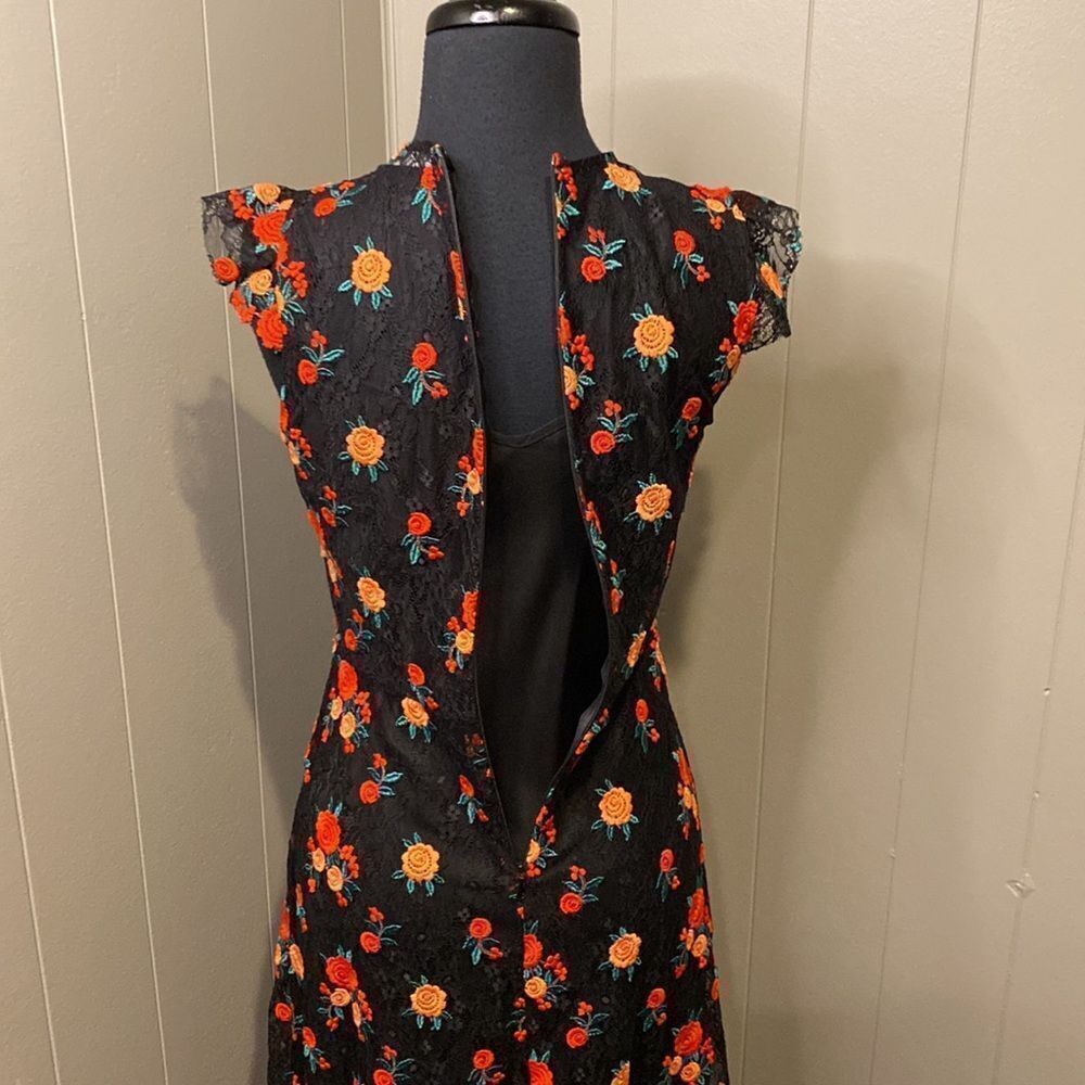Zara Extra Small Black Lace Floral Midi Dress Black Underlining Long Ruffles - Picture 5 of 8